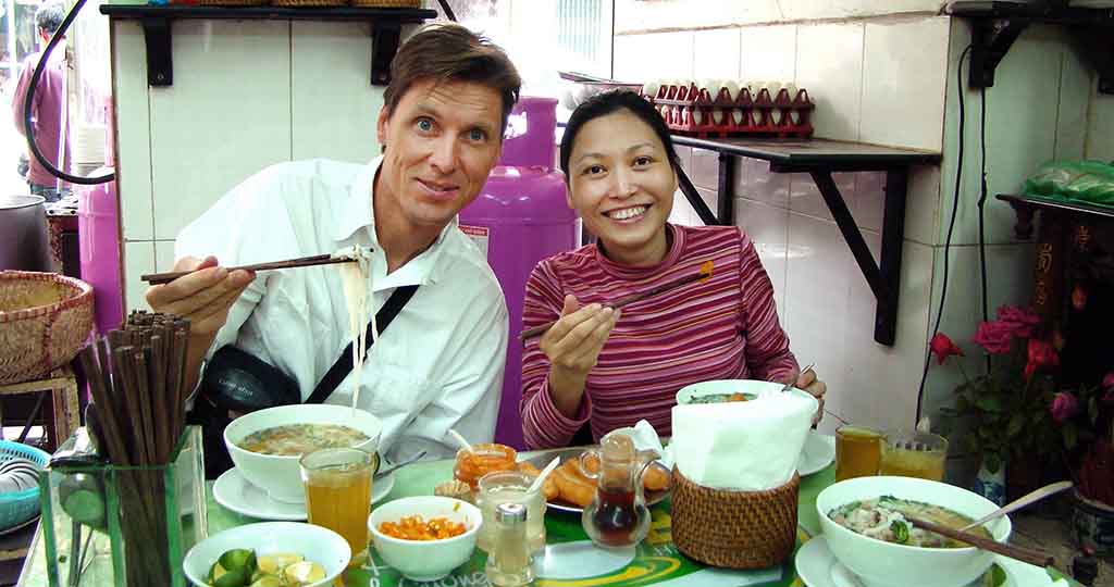 Eating pho in Hanoi