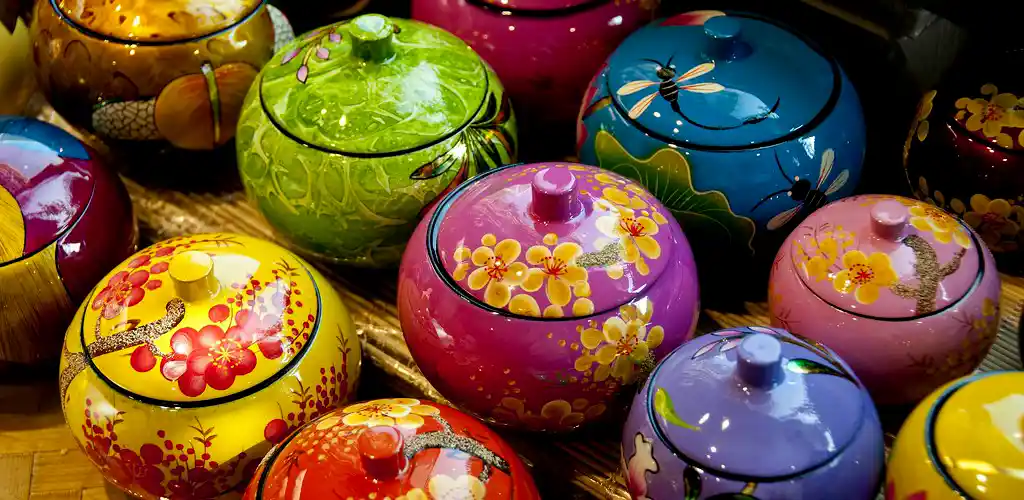 Lacquerware pieces on display in Hanoi, Vietnam