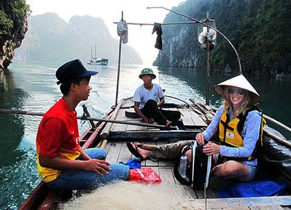 Learning to fish on Halong Bay, Vietnam