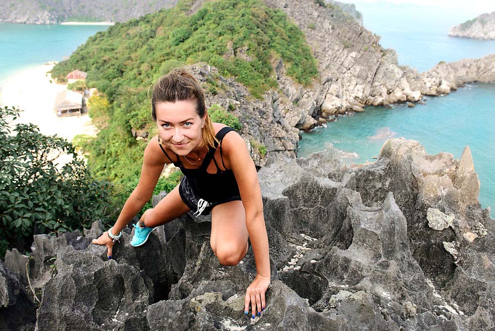 Rock climbing limestone karsts near Halong Bay, Vietnam