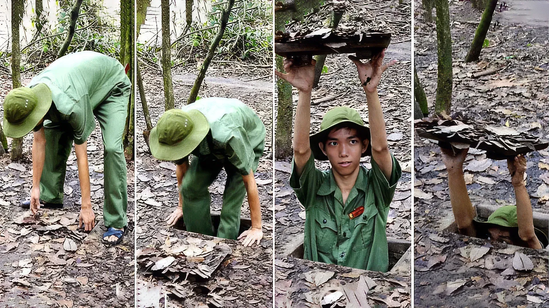 Camouflaged hatch demonstration at the Cu Chi Tunnels near Saigon