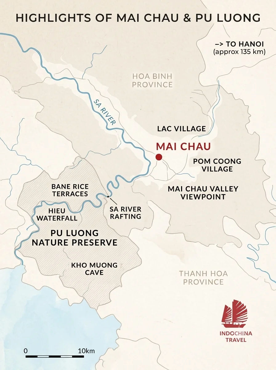 Travel map of Mai Chau highlights, including Pu Luong and surrounding villages